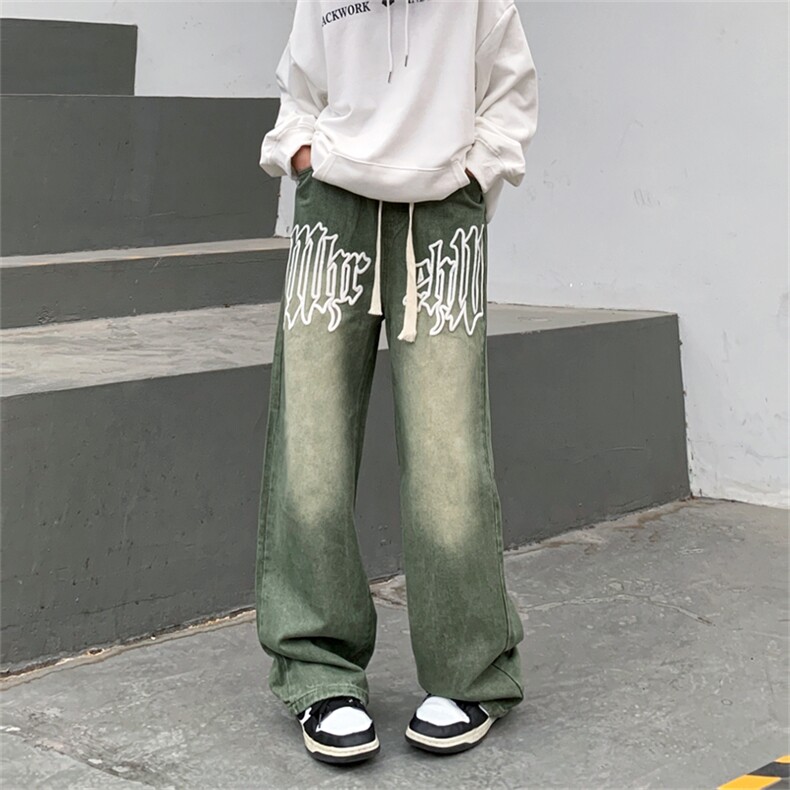 X123-P60复古水洗牛仔裤男女发泡宽松阔腿直筒休闲长裤,男装牛仔裤,星座911