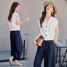 2026夏季新款休闲时尚天丝亚麻无袖v领衬衫两件套休闲直筒裤套装，女装衬衫，梦懿尔