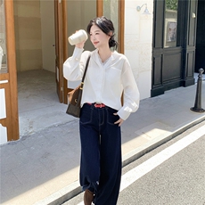 白色蕾丝拼接V领长袖衬衫套装女2025秋气质显瘦牛仔阔腿裤两件套，女装套装/套裙，2D078