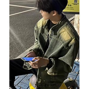 廓形破洞牛仔外套男秋冬季宽松立领做旧上衣复古工装夹克 JKZ05图片