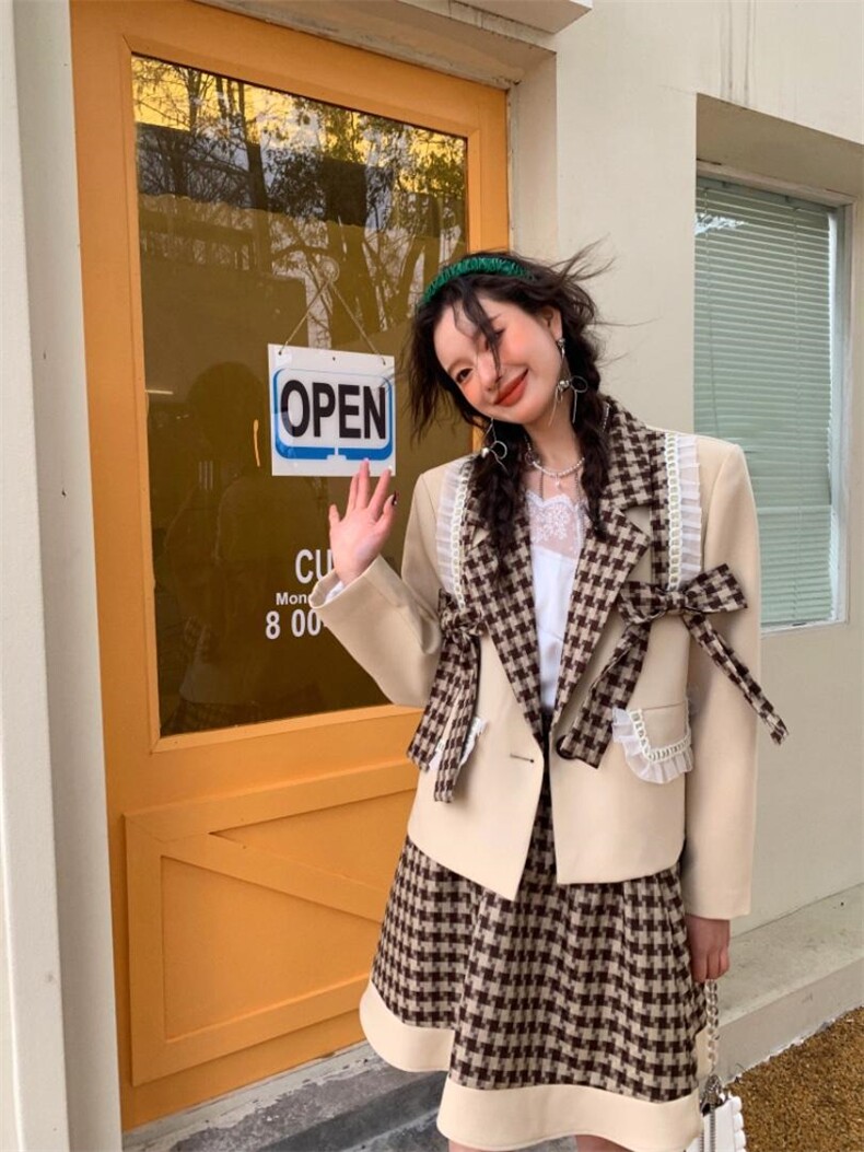 两色蝴蝶结格纹套装，女装职业装，YOUER DENG