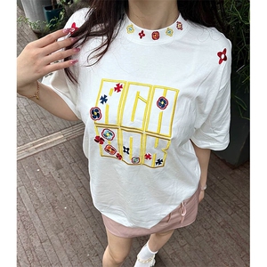 万针全刺绣工艺抖音得物高品质260克重磅纯棉双纱美式高街短袖T恤图片