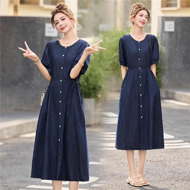 连衣裙2025夏季新款复古气质牛仔休闲高质感收腰单排扣圆领中长裙，女装连衣裙，布芭啦