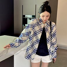 蓝格衬衫设计感格纹撞色薄款长袖上衣女早秋宽松显瘦翻领外套，男装衬衫，星座218-1（原230）