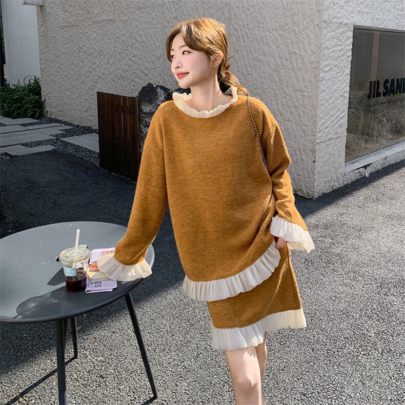 设计感花边拼接长袖针织衫高腰显瘦半身裙2025春季新款时尚套装女,女装套装/套裙,2C262