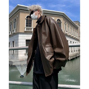 街头百搭棕色皮衣男美式复古潮牌痞帅翻领皮夹克W7891-P66