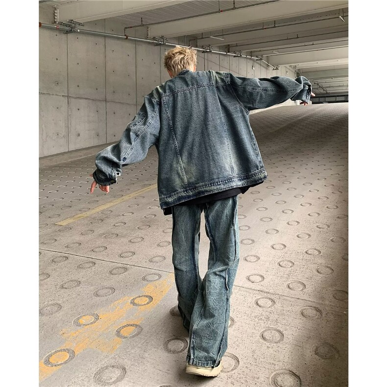 美式复古拉链口袋牛仔外套男女潮流痞宽松百搭外套上衣W6697-P72，男装工装外套，星座412-3