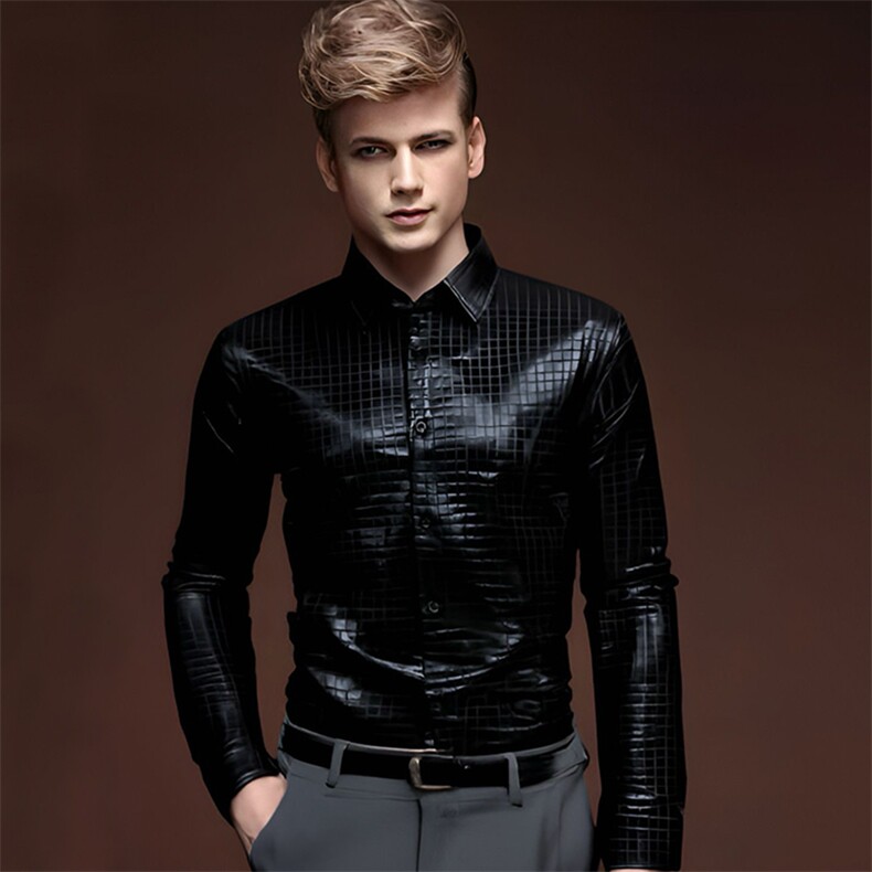 新款方格烫金舞台装宴会时装男长袖衬衫A371P50，男装衬衫，星座1314