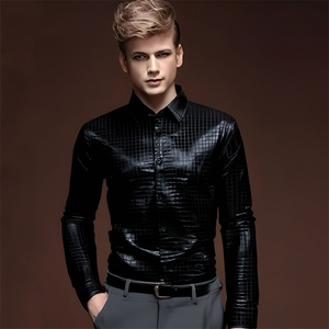 新款方格烫金舞台装宴会时装男长袖衬衫A371P50，男装衬衫，星座1314
