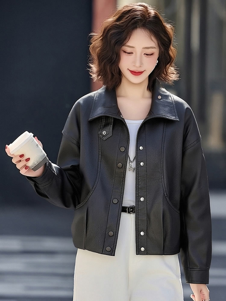 现货短款皮衣外套女新款春秋小个子酷飒气质宽松休闲减龄PU皮夹克,女装皮衣,韩蔻秀