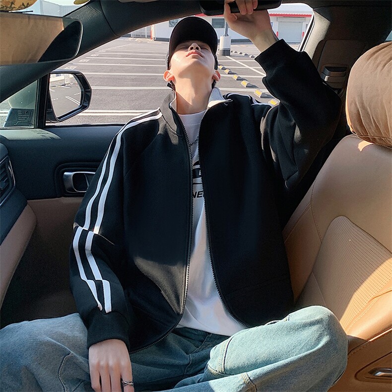 H215条纹开衫卫衣男新款潮牌立领宽松外套ins美式休闲拉链上衣，女装短外套，星座304A