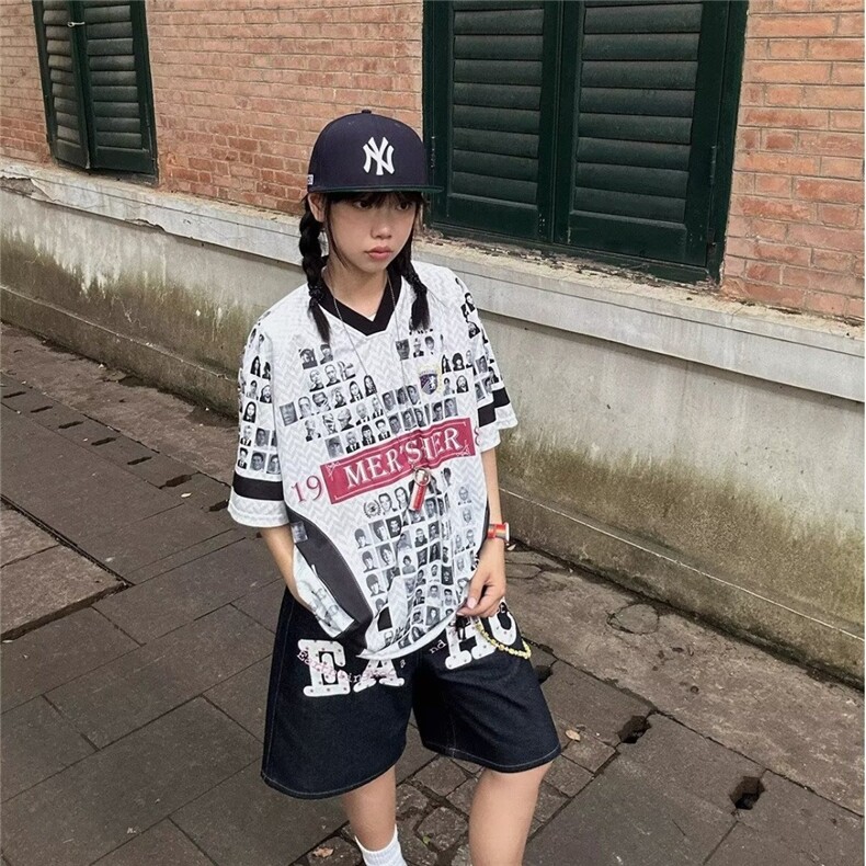 2025夏季潮牌拼接网面透气球衣短袖男女美式复古vibe宽松情侣T恤,男装T恤,星座506A