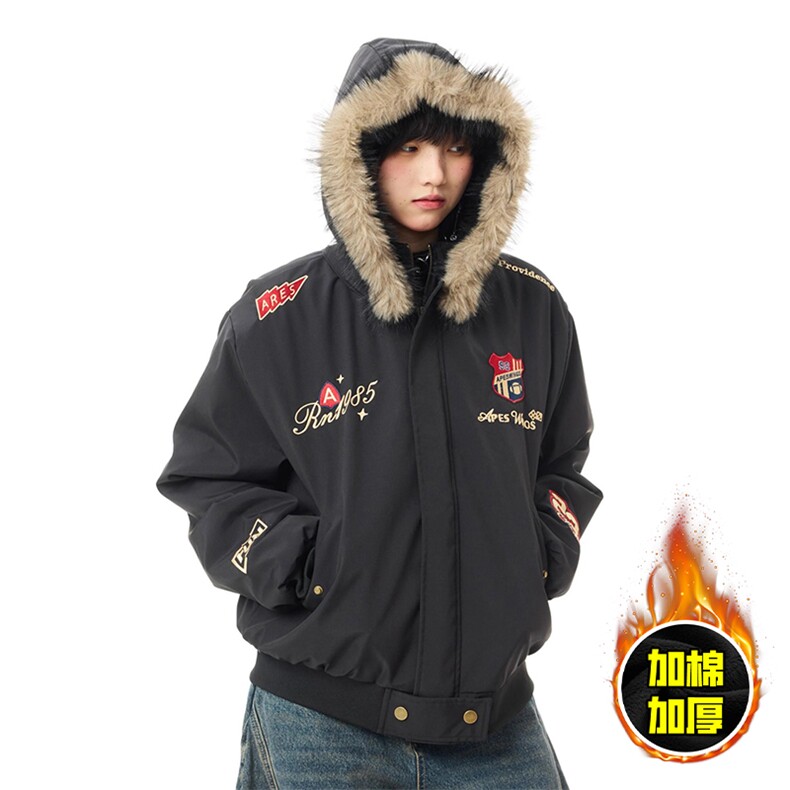 现货高品质美式高街重磅刺绣座山雕大毛毛领棉衣男女加厚棉服外套，男装棉衣，电商A443