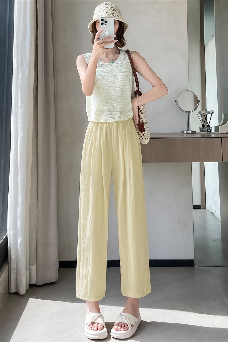 2025夏季新款松紧腰垂感亚麻气球裤小个子休闲显瘦慵懒九分裤,女装休闲裤,梦白服饰厂