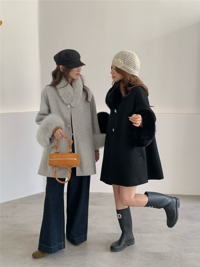 冬上新！秋冬高级感独特超好看千金穿搭斗篷羊毛外套配真狐狸毛，女装羊绒大衣，依嘟服饰