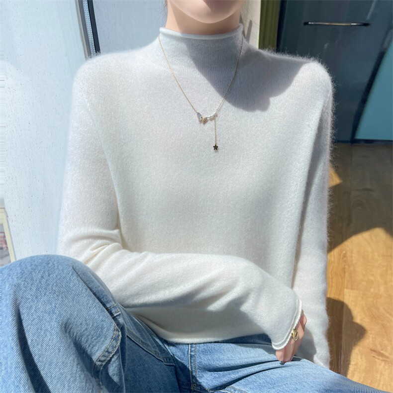 卷边半高领100%纯羊毛衫女长袖针织衫毛衣秋冬宽松羊绒衫打底上衣,针织衫/毛衣,昭美羊绒