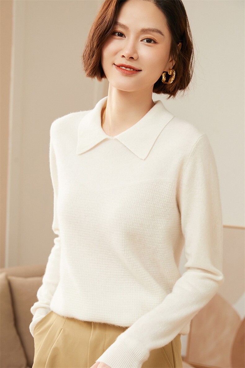 女士优雅百搭POLO领羊绒衫简约修身显瘦长袖针织衫,女装羊绒衫,澳冬特羊绒