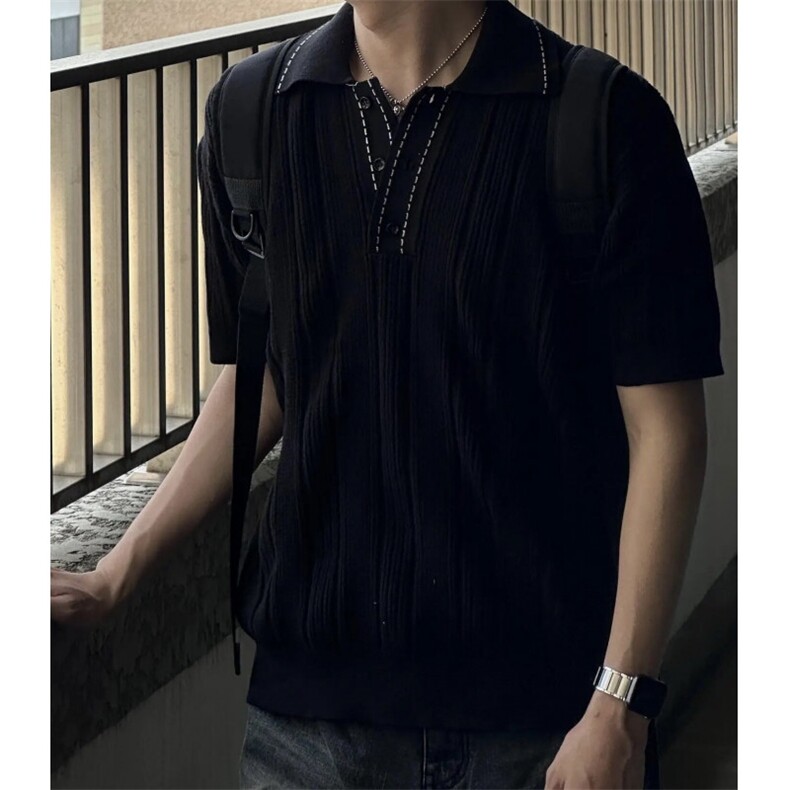 轻熟撞色线条立体设计纹理小众针织Polo冰丝短袖体恤PL97/P58，男装Polo衫，电商A243