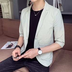 100%聚酯纤维 夏季新款中袖小西装男休闲修身五分袖西服 8866图片