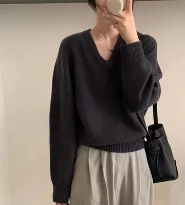 2024春秋新款宽松V领外搭长袖毛衣针织衫女纯色上衣图片