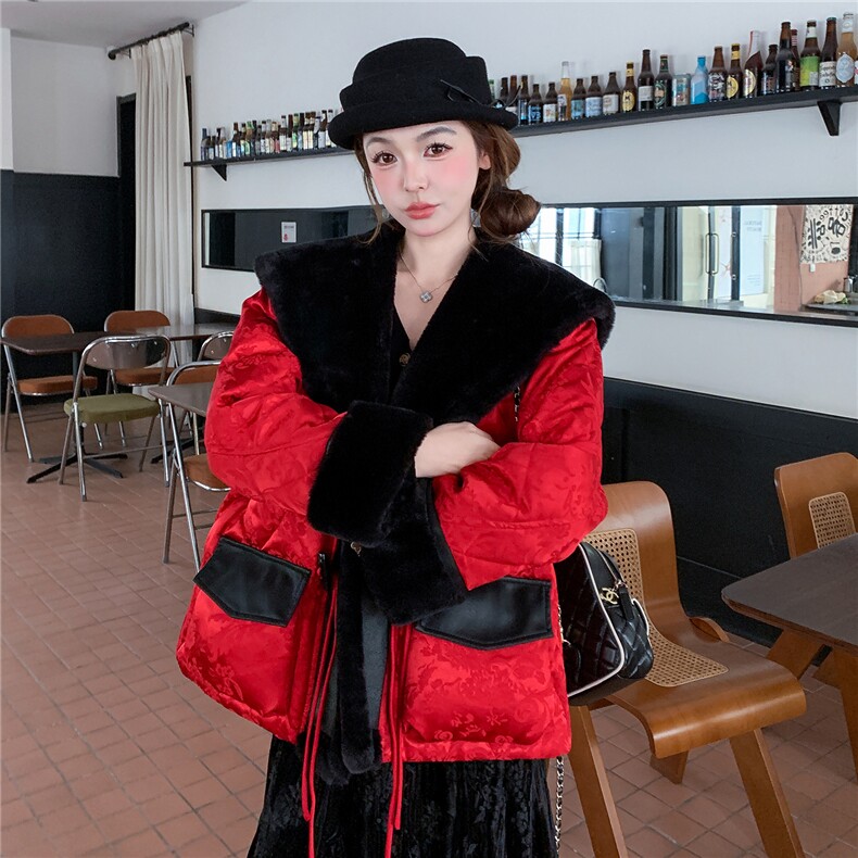 25冬季新年红皮毛拼接新中式鹅绒羽绒服2B082-2276-p365k548,女装羽绒服,2B082