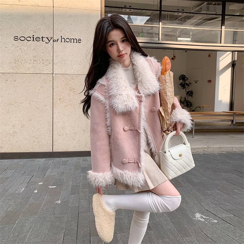 现货主推皮毛一体加厚粉色翻领210-6361-P195-K288,女装羊羔毛/颗粒绒,浙宝210（原浙宝191）