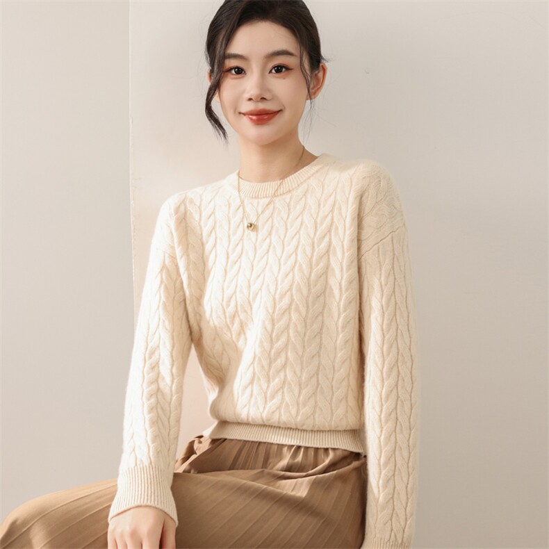 2025年秋季长袖圆领时尚百搭通勤简约休闲圆领麻花，女装羊毛衫，锦弘羊绒