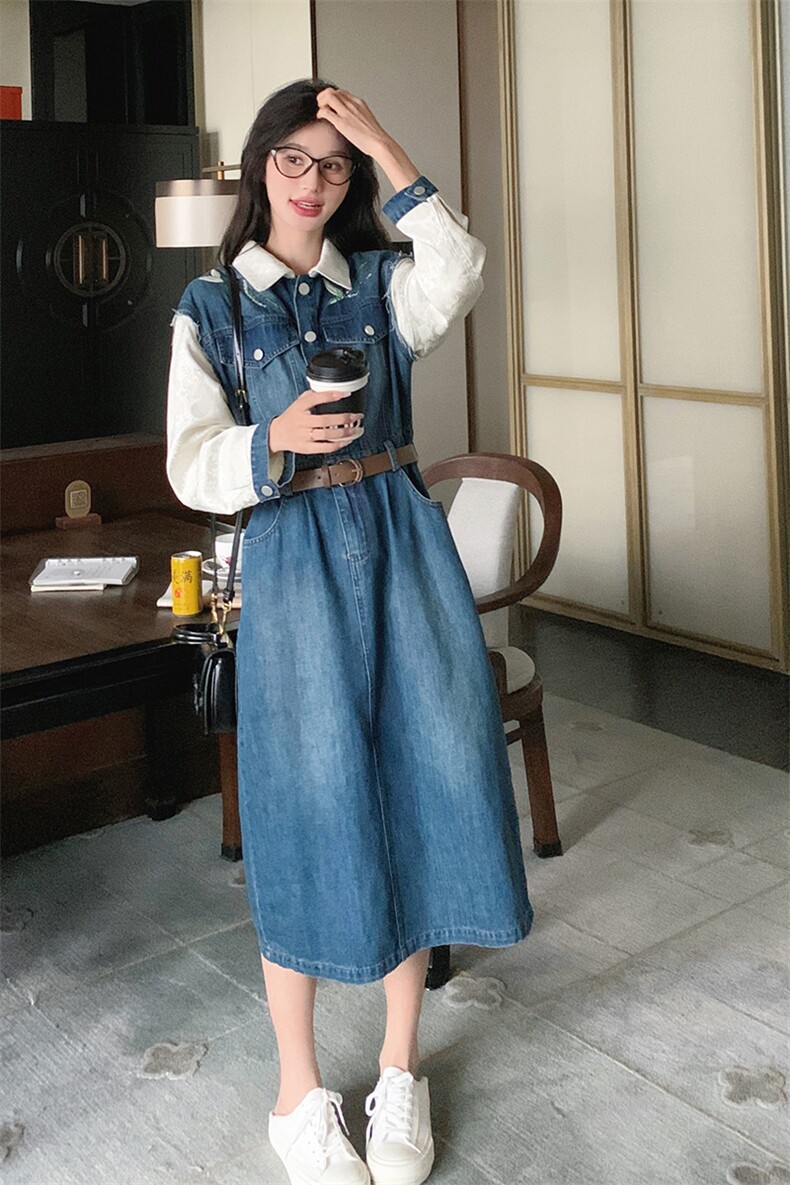 拼接牛仔连衣裙2024女中长款春季新款小个子修身裙子A字裙衬衫裙,女装连衣裙,钱塘布衣