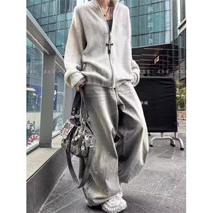 W9470-P53 网图现货美式复古做旧阔腿牛仔裤慵懒风宽松休闲弯刀裤图片