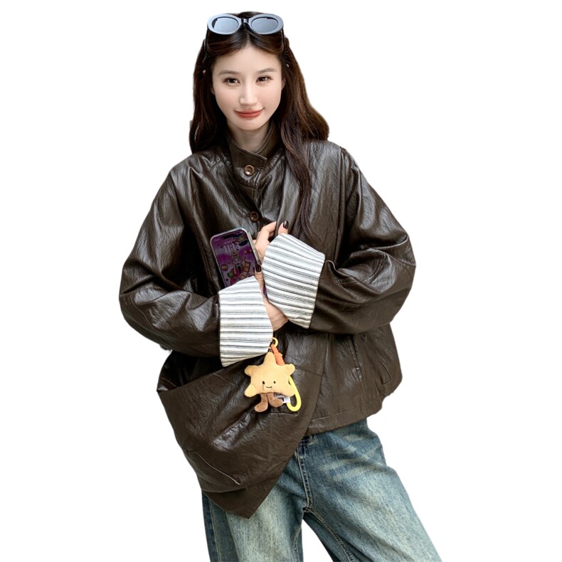 甜酷风复古咖色短款皮衣外套女春秋2025新款小个子PU夹克超火显瘦,女装皮衣,2C135