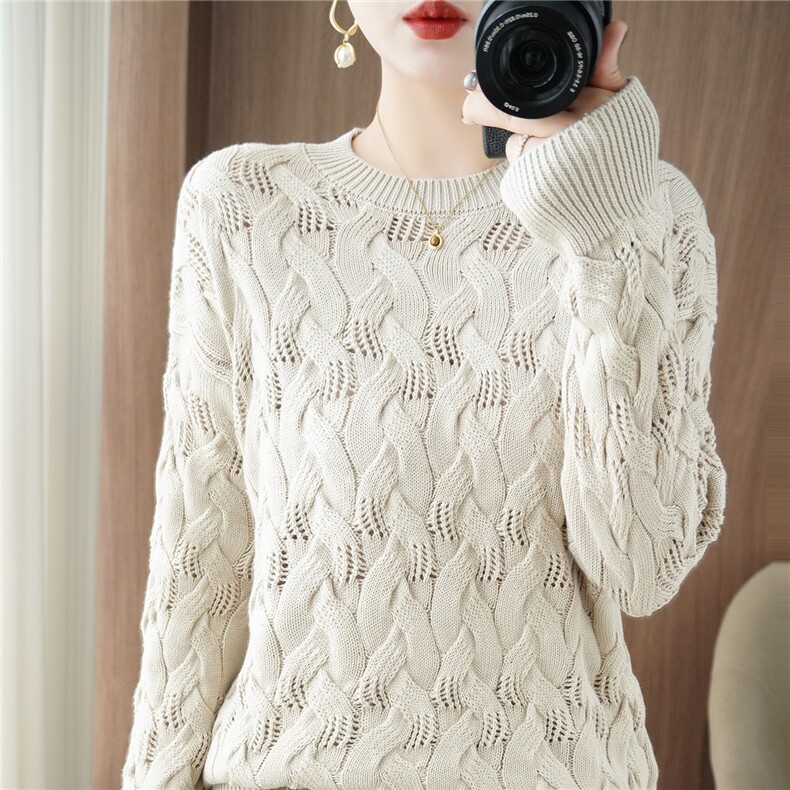 复古麻花棉线镂空针织衫女2025新款加厚保暖打底衫内搭巨好看毛衣，女装针织衫/毛衣，品高羊绒