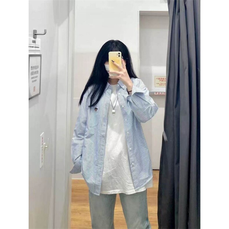 TC624-P45韩系甜美减龄条纹衬衫上衣女休闲刺绣时髦宽松衬衣图片