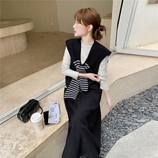 韩系披肩马甲打底衫套装女2025秋季新款时尚显瘦半身裙淡人三件套，女装套装/套裙，2D035