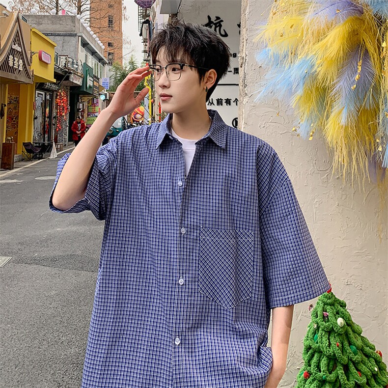 格子短袖衬衫男夏季新款港风宽松纯棉衬衣DX101-P35，男装衬衫，星座214-3