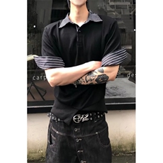 2026新款简约显瘦娃娃领格子拼接合体长袖T恤外穿上衣服，男装Polo衫，星座601-1