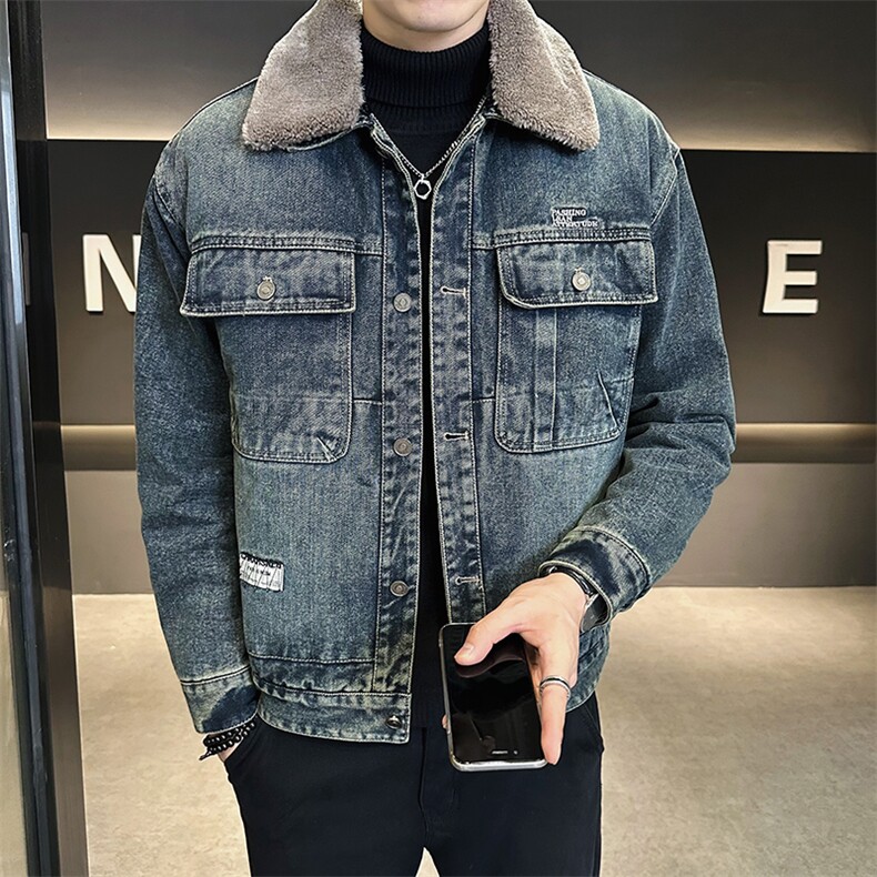 加绒加厚牛仔外套男秋冬季2025新款毛领夹克上衣服A313-6858-P165,男装工装外套,电商A313