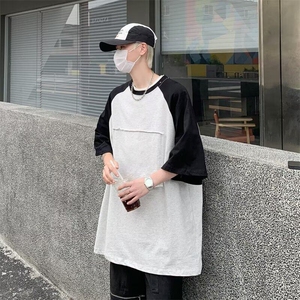 重磅拼色不规则圆领短袖T恤男加肥加大码潮胖子运动简约宽松夏装图片