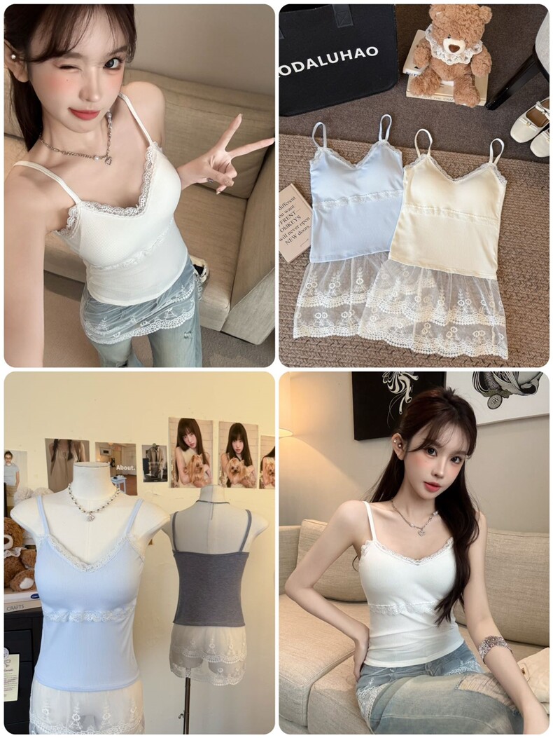 韩系叠穿吊带背心少女春夏内搭蝴蝶结纯欲蕾丝拼接美背外穿上衣，女装背心吊带，梦白服饰厂