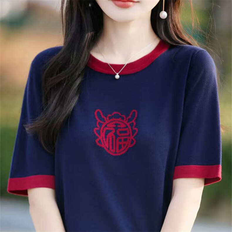 天丝2025春款福字休闲百搭短袖针织T恤女时髦撞色圆领打底衫短袖,女装T恤,萱芳婷羊绒