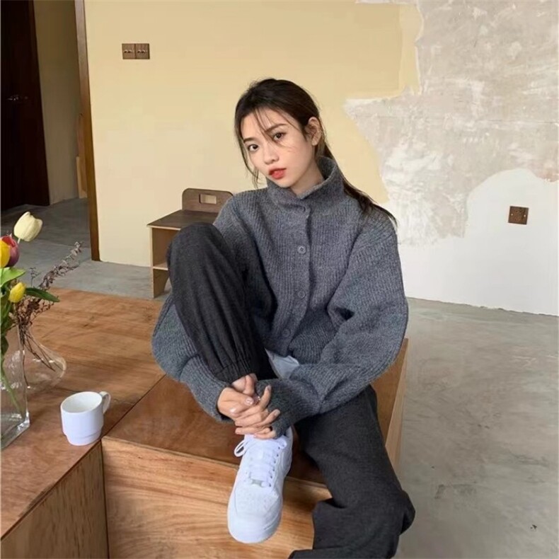 时尚宽松加厚羊毛开衫女秋冬新款高领长袖针织衫外套百搭显瘦毛衣,女装羊毛衫,泰沅羊绒