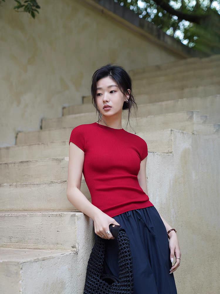 针织短袖t恤女2025新款夏季薄款宽松显瘦打底上衣小衫,女装T恤,更慕羊绒