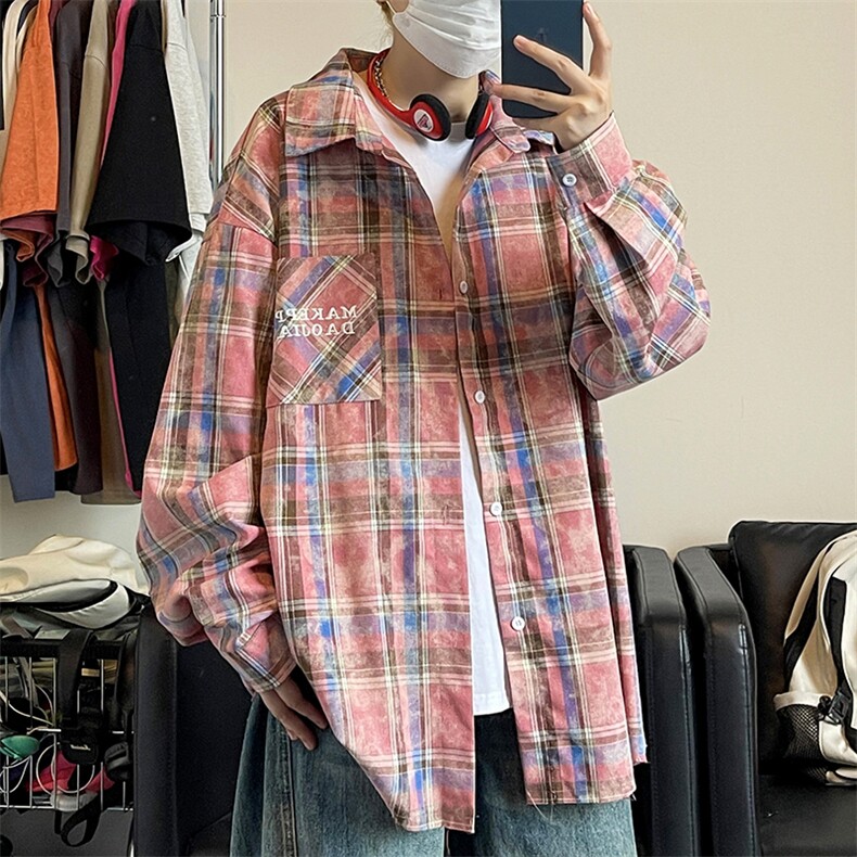特批P42无差价秋季美式字母刺绣衬衣外套潮流格子长袖衬衫男C2504,男装衬衫,电商A001-1