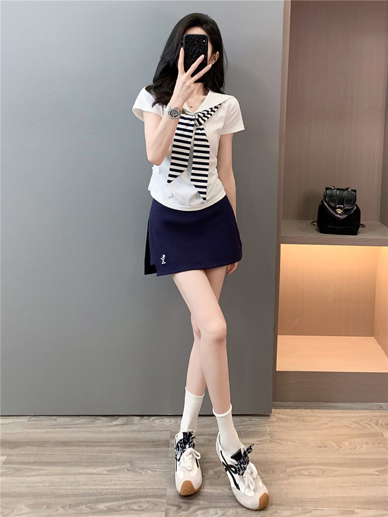 时尚运动套装裙女夏新款俏皮可爱蝴蝶结海军领短袖上衣裤裙两件套,女装套装/套裙,江南