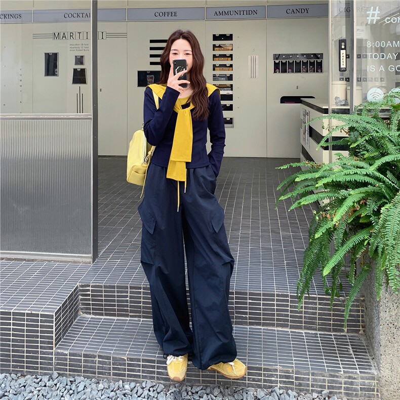 新品现货~藏青色T恤工装休闲裤套装配披肩5105-P150-K228,女装套装/套裙,2C126