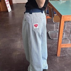 爱心刺绣条纹裤子男款美式复古中高腰直筒裤宽松阔腿弯刀微喇裤潮，男装休闲裤，星座603-2