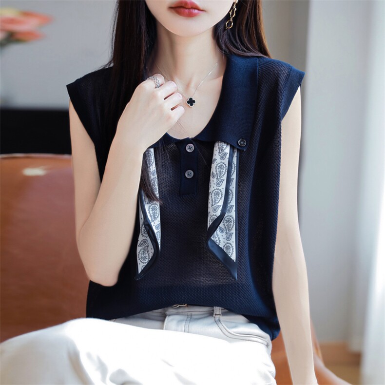时尚翻领丝巾针织无袖背心上衣女2025夏季新款韩版小众简约T恤衫,针织衫/毛衣,源达羊绒