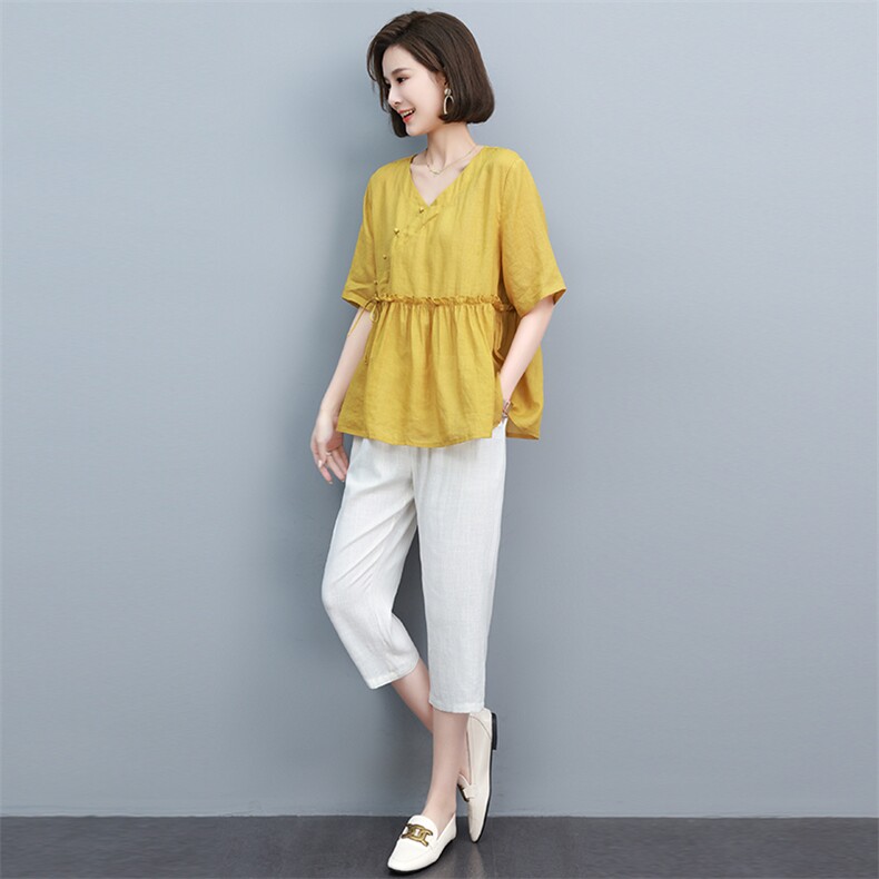 短袖套装女夏设计感2022新款妈妈遮肚子百搭七分裤时尚棉麻两件套图片