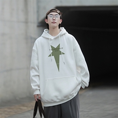 五角星芒印花宽松连帽卫衣Y110常规版P48加绒版P65深灰，男装卫衣，电商B219