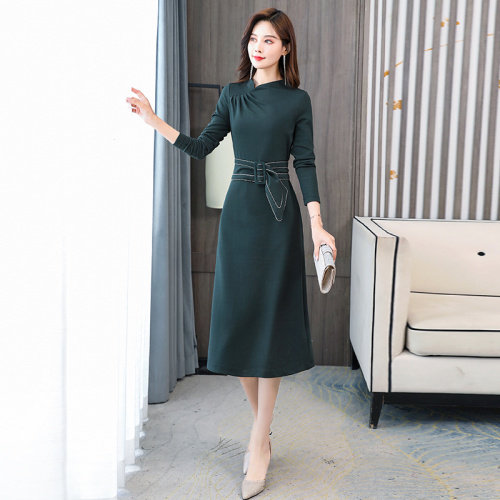 春季新款优雅修身显瘦红色长袖连衣裙搭配腰带适合职场女性,女装套装/套裙,韩蜜菓