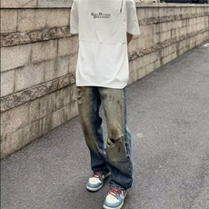 美式复古高街黄泥染破洞宽松休闲牛仔裤男做旧直筒长裤男，男装牛仔裤，星座506A